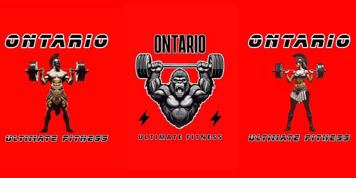 Logo, shows a spartan male, an ape, and a spartan woman. Each one is holding exercise equipment.