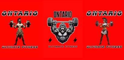 Logo, shows a spartan male, an ape, and a spartan woman. Each one is holding exercise equipment.